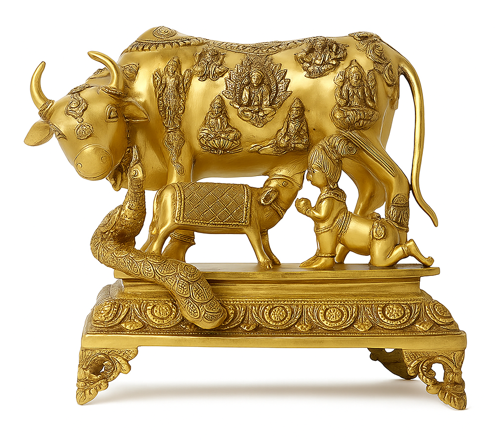 Kamadhenu Cow with Calf & Krishna Brass Statue